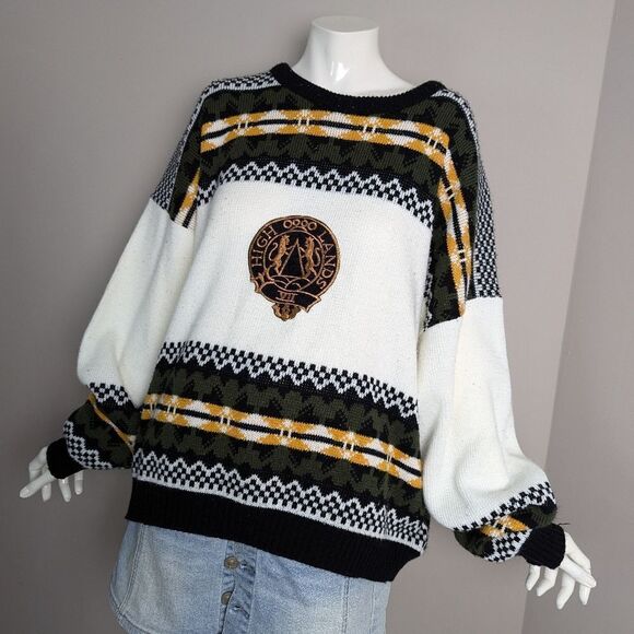 Vintage 90s crew neck knit sweater Scottish highlands Porto Bello XL - Picture 1 of 9